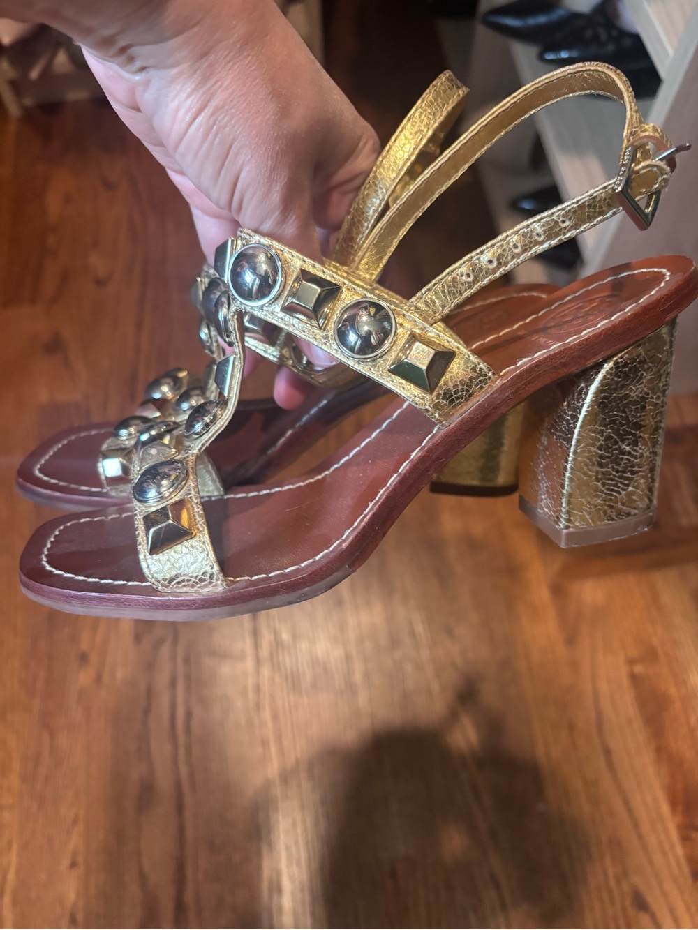 Tory Burch Natalia gold & silver studded T-strap block heel sandals Sz 6.5 - Picture 8 of 9